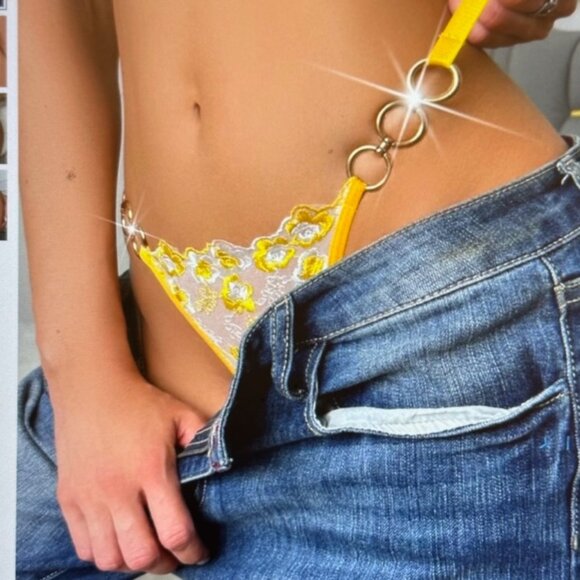 Brand New Floral Embroidery Lace Ring Linked Panty Yellow Various - Picture 2 of 5